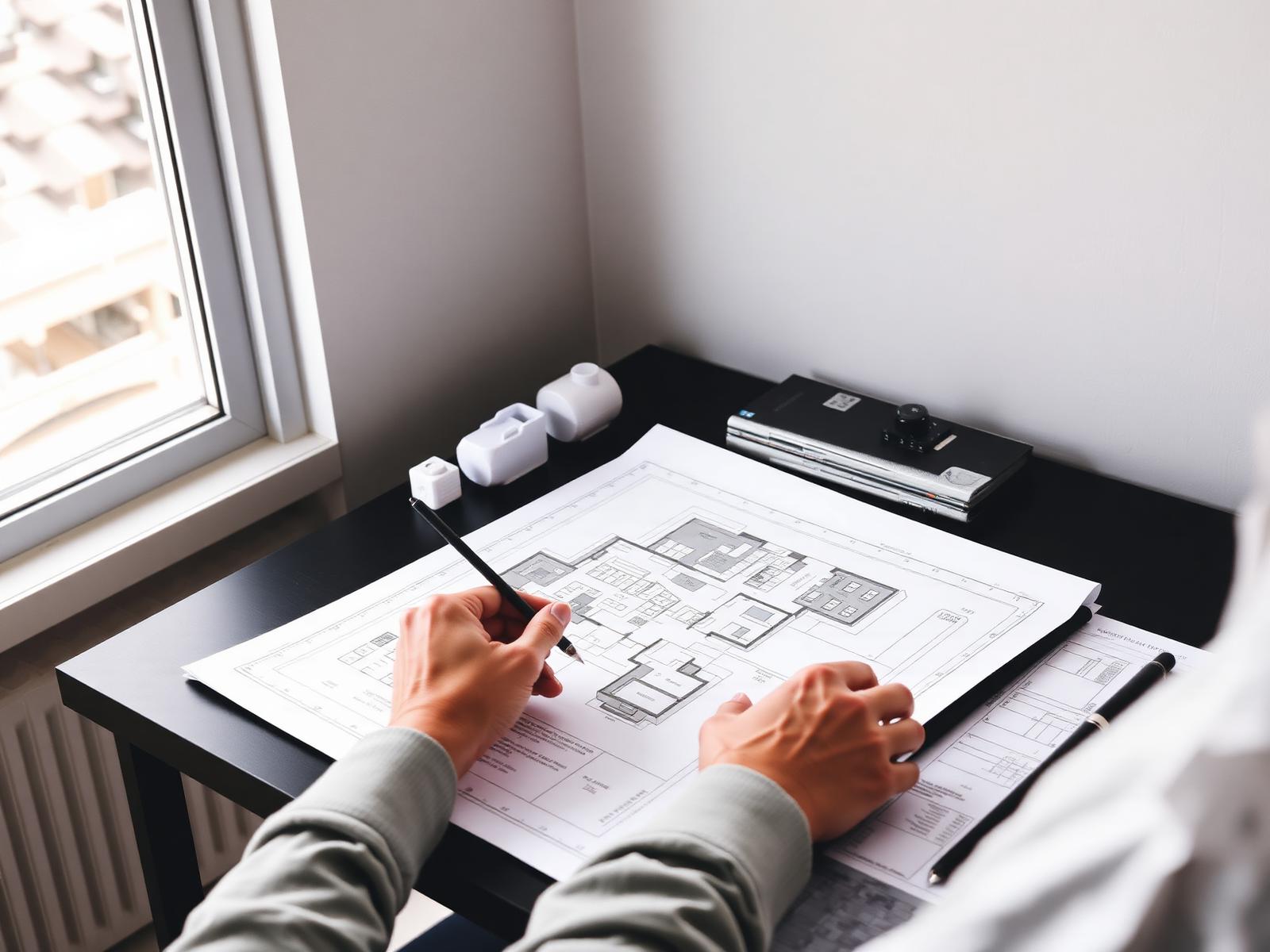 Arkitekt arbeider med tegninger